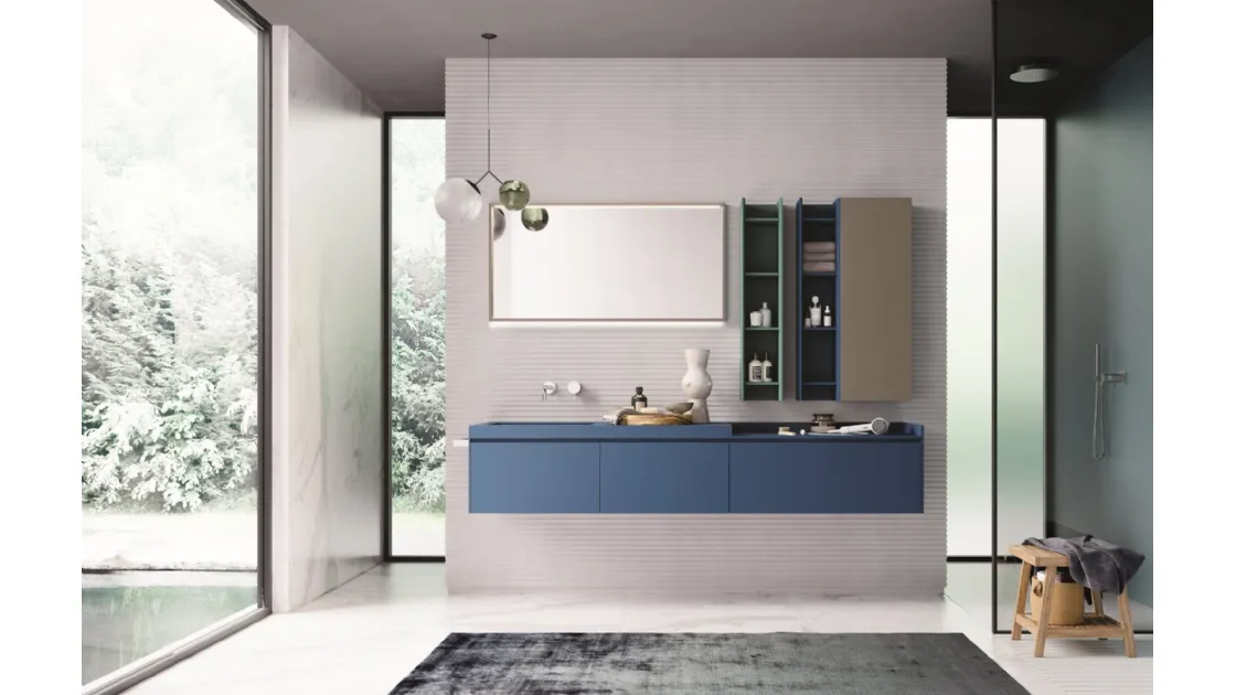 Mobile da Bagno sospeso in laccato opaco blu oltremare, verderame e tortora Calix XL 09 di Novello