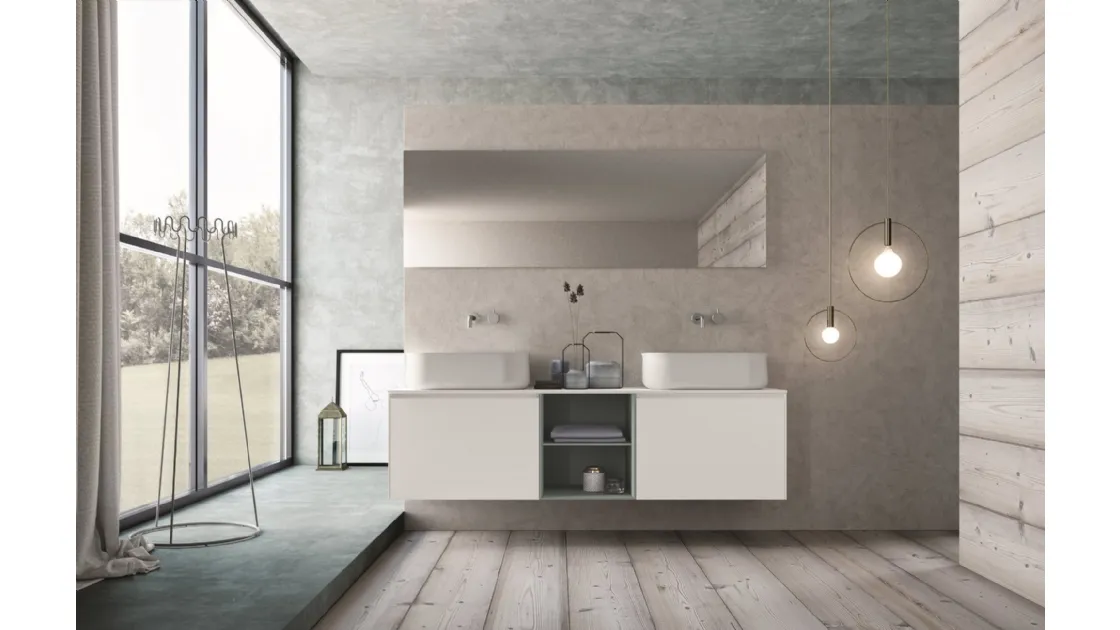 Mobile da Bagno sospeso in HPL bianco e laccato azzurro con top bianco opaco con doppio lavabo Calix XL 11 di Novello