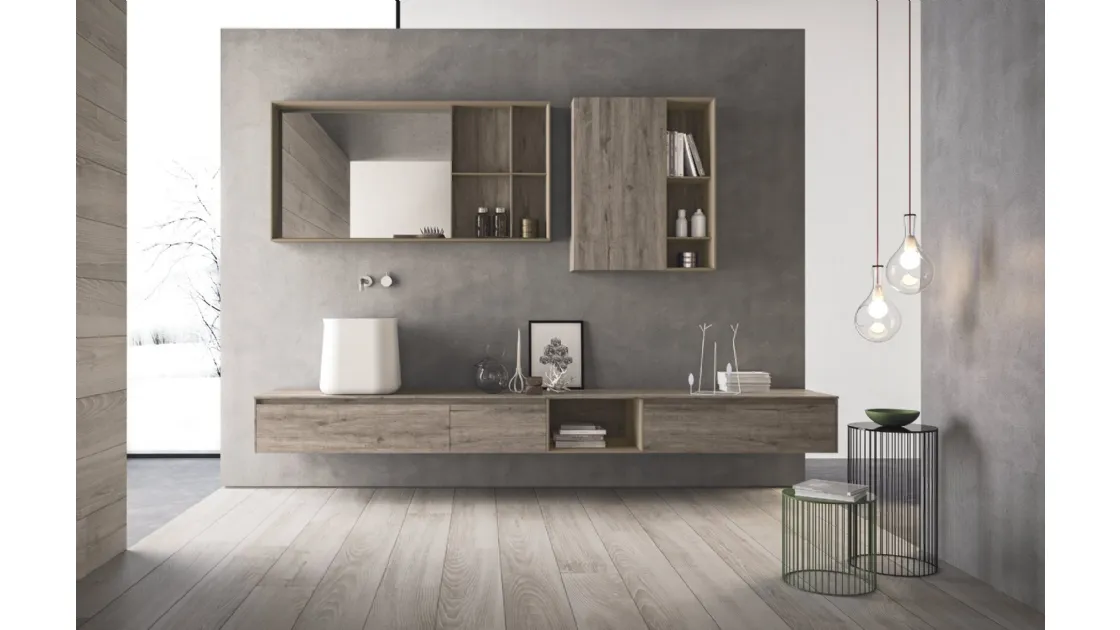 Mobile da Bagno in HPL rovere barrique e laccato canapa opaco con lavabo in teknorit bianco opaco Calix XL 14 di Novello