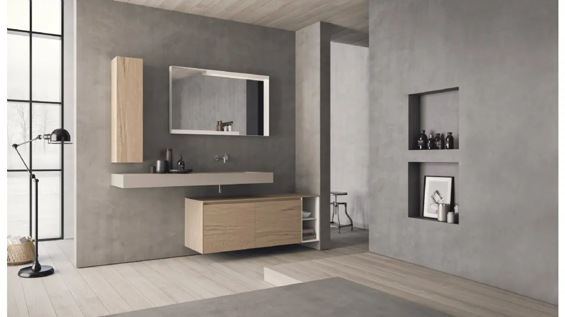 Mobile da Bagno sospeso in HPL rovere naturale e top in teknorit grigio seta opaco Calix XL 09 Novello