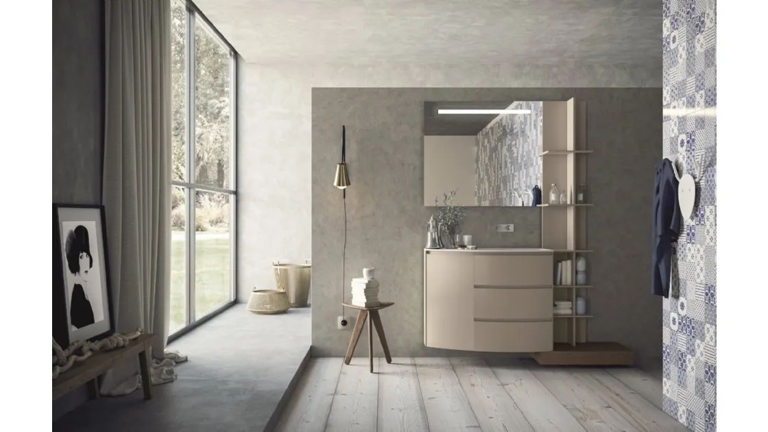 Mobile da Bagno sospeso con frontali curvi in laccato sabbia opaco Calix XL 18 di Novello