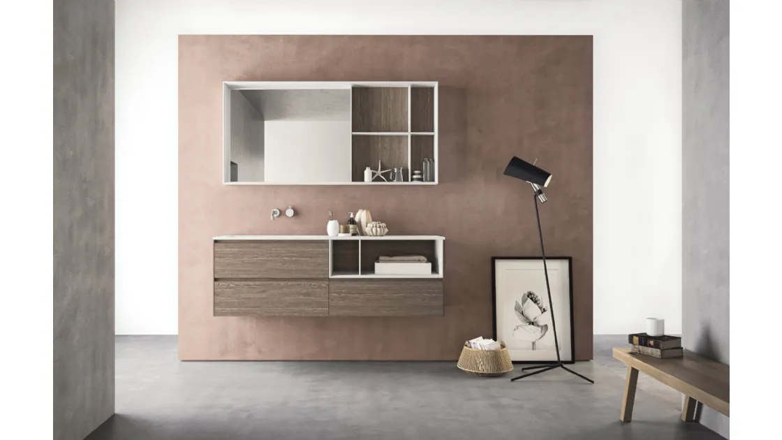 Mobile da Bagno sospeso in HPL unicolor rovere tabacco e lavabo integrato in Teknorit bianco opaco Calix XL 03 di Novello