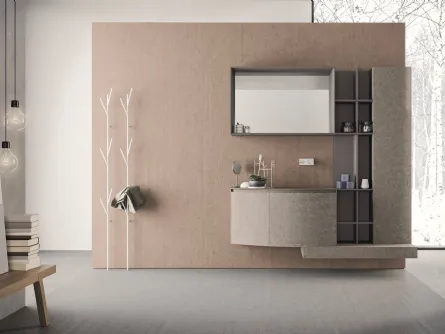 Mobile da Bagno sospeso con frontali curvi in HPL unicolor portland e lavabo integrato in teknorit tortora opaco Calix XL 21 di Novello