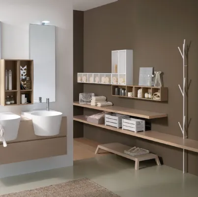 Mobile da Bagno sospeso in rovere ecru, con doppio lavabo Canestro 12 di Novello