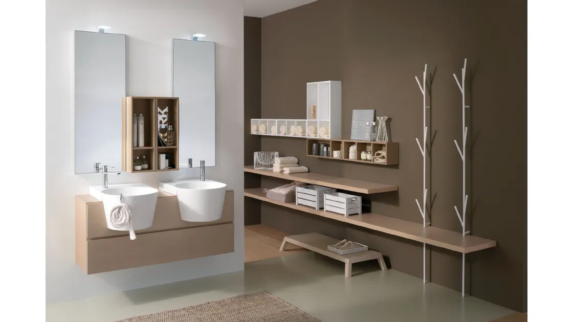 Mobile da Bagno sospeso in rovere ecru, con doppio lavabo Canestro 12 di Novello