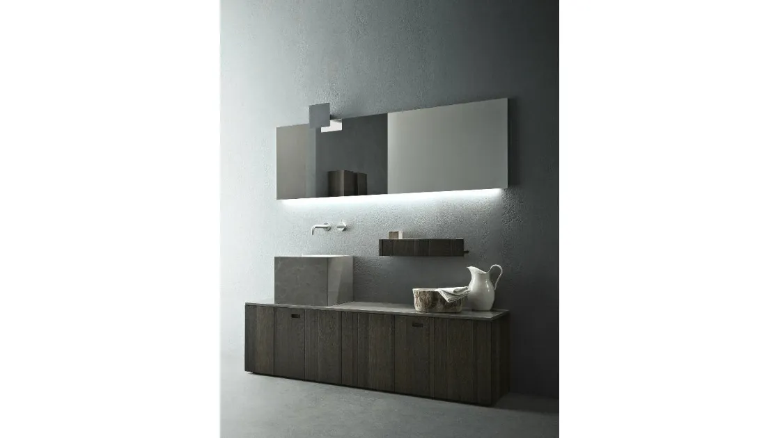 Mobile da Bagno a terra in rovere termocotto e lavabo in appoggio in pietra grey opaca Craft 03 di Novello