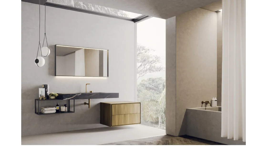 Mobile da Bagno sospeso con struttura in metallo laccato grigio scuro e base sospesa in laccato metal ottone con piano lavabo integrato in laminam noir desir Libera+ 11 di Novello