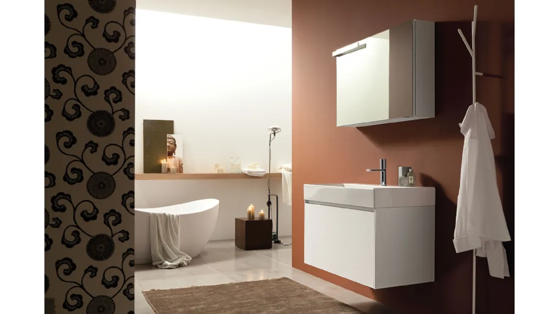 Mobile da Bagno sospeso in HPL bianco frassinato e lavabo in ceramica Light 45 04 di Novello