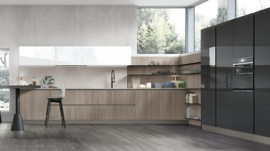 Cucina Moderna con penisola Infinity v06 in Termo Strutturato Rovere Sesamo di Stosa