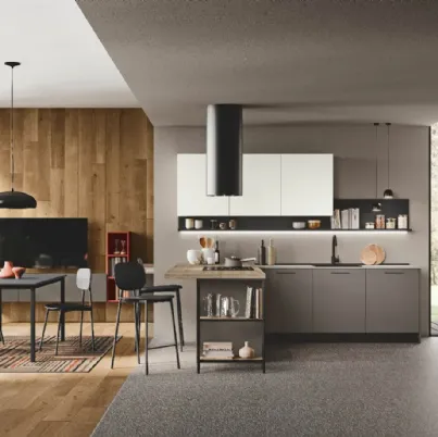 Cucina Moderna con penisola Kaya v02 in nobilitato opaco Smoke Grey e Bianco Soft e legno materico Argentina di Stosa