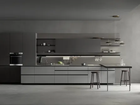 Cucina Moderna in Fenix Grigio con penisola in materico Larice Nero M2 Linea di Meson's Cucine